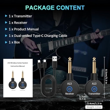 A13 Wireless Guitar System, 2.4GHz Guitar Accessories with 24-bit 48kHz Audio, No Latency, 100ft Range, Rechargeable 5-Hour Battery, Dual Plug for Electric Guitar & Bass, Plug & Play