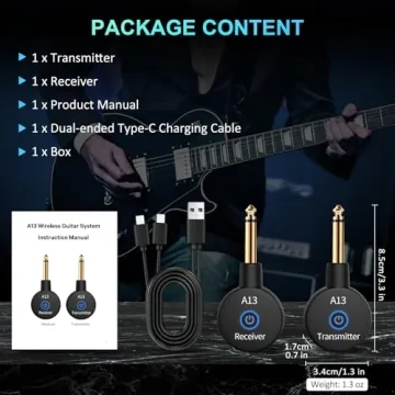 A13 Wireless Guitar System, 2.4GHz Guitar Accessories with 24-bit 48kHz Audio, No Latency, 100ft Range, Rechargeable 5-Hour Battery, Dual Plug for Electric Guitar & Bass, Plug & Play