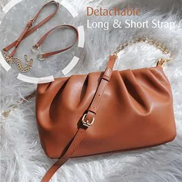 Women Ruched Shoulder Handbag Cloud Pouch Hobo Bag Convertible Clutch Soft Vegan Leather Cross body Bag (Brown)
