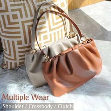 Women Ruched Shoulder Handbag Cloud Pouch Hobo Bag Convertible Clutch Soft Vegan Leather Cross body Bag (Brown)