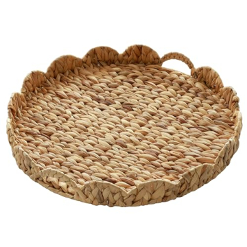 Gurfuy Round Ottoman Table Tray 19.7" with Handles - Water Hyacinth Wicker Serving Tray for Farmhous...