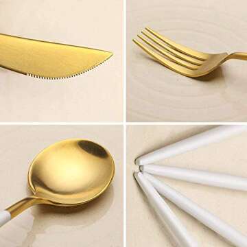 Flatware Set, Morgiana 4-Piece Stainless Steel Flatware Sets Utensil Set Including Silverware Fork Spoons Knife Tableware Serving Set for Home Restaurant (White+Golden)