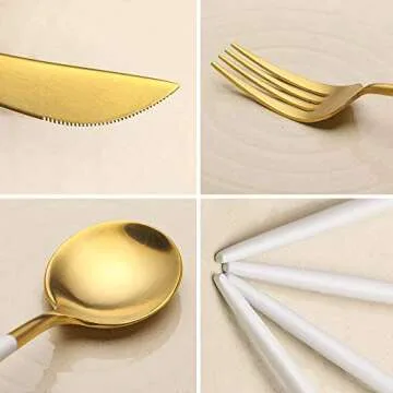 Flatware Set, Morgiana 4-Piece Stainless Steel Flatware Sets Utensil Set Including Silverware Fork Spoons Knife Tableware Serving Set for Home Restaurant (White+Golden)
