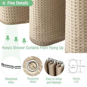 Dynamene Extra Long Shower Curtain,96 Inch Long Waffle Weave Heavy Duty Thick Fabric Bathroom Shower Curtain, Neutral Weighted Hotel Bath Curtain Set with 12 Plastic Hooks,72x96,Beige/Khaki