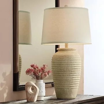 John Timberland Austin Country Cottage Southwest Style Jug-Shaped Table Lamp 28" Tall Sand Tone Desert Ridged Cream Linen Drum Shade for Living Room Bedroom House Bedside Nightstand Home Office