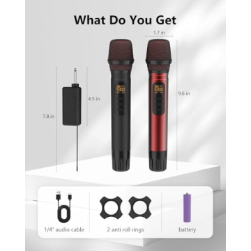 ROUWU Wireless Microphones, UHF Metal Dual Handheld Cordless Dynamic Mic System with Rechargeable Receiver,1/4 "Output with 1/8" Output,for Karaoke Singing, Wedding, DJ, Party, Speech, Church,240ft