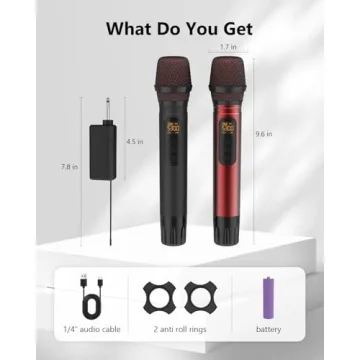 ROUWU Wireless Microphones, UHF Metal Dual Handheld Cordless Dynamic Mic System with Rechargeable Receiver,1/4 "Output with 1/8" Output,for Karaoke Singing, Wedding, DJ, Party, Speech, Church,240ft