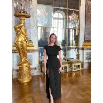 YMDUCH Women's Casual Short Sleeve Boat Neck Ruched High Split Bodycon Long Formal Dress Black
