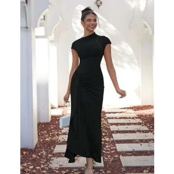 YMDUCH Women's Casual Short Sleeve Boat Neck Ruched High Split Bodycon Long Formal Dress Black