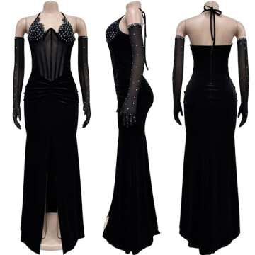 Jigfar Women's Sexy Elegant Rhinestone Mesh See Through Sleeveless Split Bodycon Maxi Dress(F6801,Black,S)