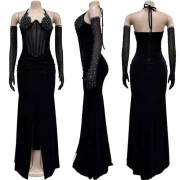 Jigfar Women's Sexy Elegant Rhinestone Mesh See Through Sleeveless Split Bodycon Maxi Dress(F6801,Black,S)