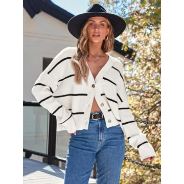 LILLUSORY Women's Cropped Cardigan Oversized Button Sweaters 2025 Fall Trendy Knit Dressy Fashion Outfits Stripes White L