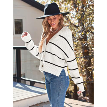 LILLUSORY Women's Cropped Cardigan Oversized Button Sweaters 2025 Fall Trendy Knit Dressy Fashion Outfits Stripes White L