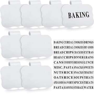 Zonon 8 Pcs Basket Labels Clips with 40 Pcs Pantry Labels Set Removable Bin Labels 3.5 x 2.4 Inch Clip on Labels for Kitchen Storage Bins Basket Box Pantry Organization, White Holders Black Words