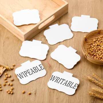 Zonon 8 Pcs Basket Labels Clips with 40 Pcs Pantry Labels Set Removable Bin Labels 3.5 x 2.4 Inch Clip on Labels for Kitchen Storage Bins Basket Box Pantry Organization, White Holders Black Words