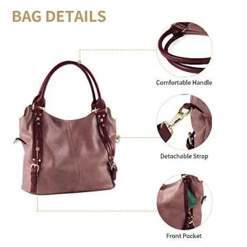 Plambag Women Tote Bag Handbags Hobo Shoulder Bag Faux Leather Purse Purple Red