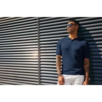 PJ PAUL JONES Mens Polos V-Neck Ribbed Knitted Polo T Shirt Casual Textured Muscle Polo Shirt Fashion Shirts Royal Blue S