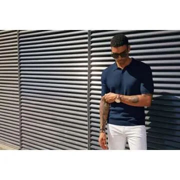 PJ PAUL JONES Mens Polos V-Neck Ribbed Knitted Polo T Shirt Casual Textured Muscle Polo Shirt Fashion Shirts Royal Blue S