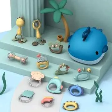 Leeray 13 Pcs Baby Teether Rattle - Baby Essentials Sensory Toy with Storage Box and Dryer, Excellent Infant Toys for Baby Shower Gifts As A Teething Rattle Toy for Infant 0-3, 3-6, and 6-12 Months