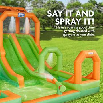 Sunny & Fun Mega Climb N’ Go Inflatable Water Slide Park – Heavy-Duty for Outdoor Fun - Climbing Wall, 2 Slides, Splash & Deep Pool – Easy to Set Up & Inflate with Included Air Pump & Carrying Case