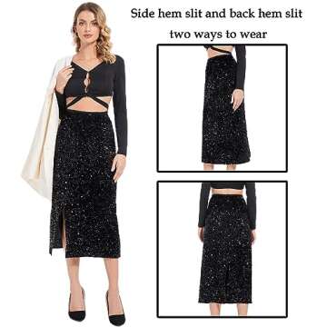 Dwirapal Women’s Sequin Velvet Skirt Elastic High Waist Sparkle Split Hem Night Out Party Maxi Skirt