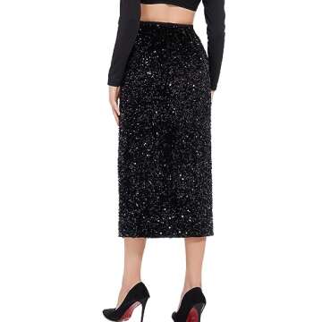 Dwirapal Women’s Sequin Velvet Skirt Elastic High Waist Sparkle Split Hem Night Out Party Maxi Skirt