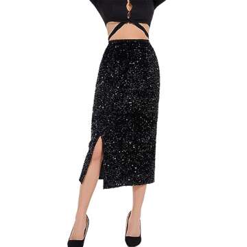 Dwirapal Women’s Sequin Velvet Skirt Elastic High Waist Sparkle Split Hem Night Out Party Maxi Skirt