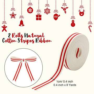 2 Rolls Natural Cotton Stripes Ribbon Striped Grosgrain Ribbon Striped Cotton Fabric Ribbon Grosgrain Decorative Wrapping Ribbon for DIY Crafts Home Decoration, 16 Yards (Red,1 cm)