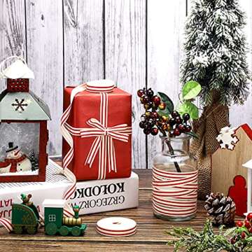 2 Rolls Natural Cotton Stripes Ribbon Striped Grosgrain Ribbon Striped Cotton Fabric Ribbon Grosgrain Decorative Wrapping Ribbon for DIY Crafts Home Decoration, 16 Yards (Red,1 cm)