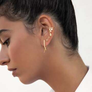 MYEARS Women Gold Huggie Crossover Hoop Curved Bar Earrings Ear Stud Cuff Cubic Zirconia 14K Gold Plated Small Simple Minimalist Hypoallergenic Everyday Jewelry