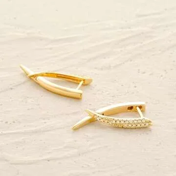 MYEARS Women Gold Huggie Crossover Hoop Curved Bar Earrings Ear Stud Cuff Cubic Zirconia 14K Gold Plated Small Simple Minimalist Hypoallergenic Everyday Jewelry