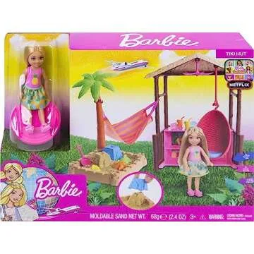 Barbie Dreamhouse Adventures Chelsea Doll & Tiki Hut Playset with Moldable Sand, Hammock & Accessories, Blonde Small Doll