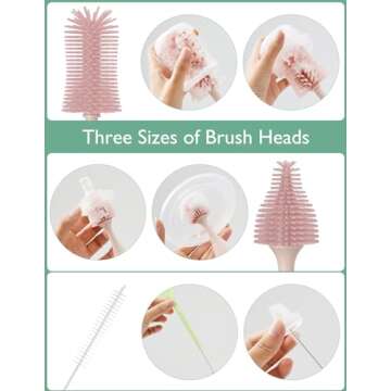 Momcozy Bottle Brush Kit, Innovative Push-Press Design for Better Cleaning - Baby Bottle Cleaner Brush for Baby Bottle, Breast Pumps, Nipples, and More - Can Generate Foam for Better Cleaning, Pink