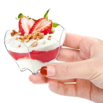 Tebery 100 Pack Mini Parfaits Dessert Cups with 100 Spoons, 2.5oz Clear Small Serving Bowl for Tasting Party Desserts Appetizers(Flower Shape)