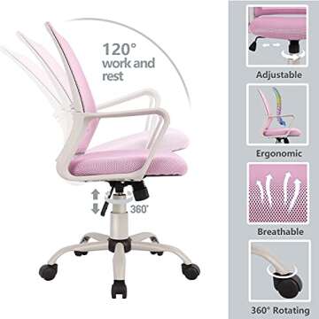 Office Chair, Ergonomic Office Chair Lumbar Support Home Office Desk Chair Computer Chair Mesh Swivel Chair Task Chair Study Chair Mid Back Office Chair with Wheels and arms, Deep Pink