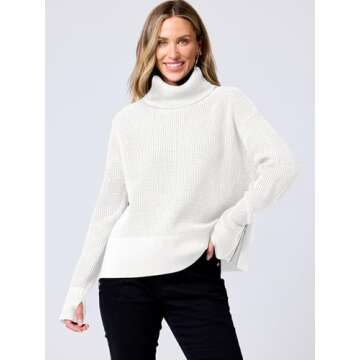 ANRABESS Womens Turtleneck Long Sleeve Sweaters Waffle Knit Casual Side Zipper Pullover Tops Thumbhole 2024 Fall Outfits