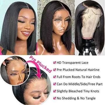Superfect Bob Wig Human Hair 14 Inch 13x4 HD Lace Front Wigs Human Hair Free Part Pre Plucked Straight Lace Frontal Bob Wigs for Women 180% Density Human Hair Wig Natural Black Color(14 Inch, Bob Wig)