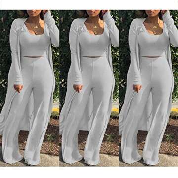 HANMAX Women's Tracksuit Winter Autumn Knitted Long-sleeved Blazer Coat Tank Long Pants Three Piece Sets Outfit Light Gray