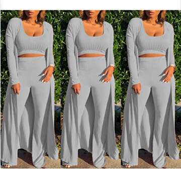 HANMAX Women's Tracksuit Winter Autumn Knitted Long-sleeved Blazer Coat Tank Long Pants Three Piece Sets Outfit Light Gray