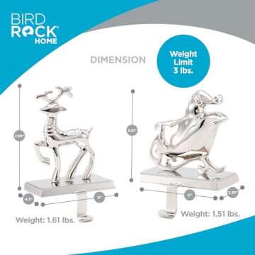 BIRDROCK HOME Christmas Stocking Holders for Mantle - Weighted Metal Hanger for Stockings & Holiday Decor - Metal Hook for Fireplace, Staircase & Shelf - Non-Scratch Base - Reindeer & Santa Claus
