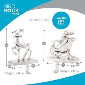 BIRDROCK HOME Christmas Stocking Holders for Mantle - Weighted Metal Hanger for Stockings & Holiday Decor - Metal Hook for Fireplace, Staircase & Shelf - Non-Scratch Base - Reindeer & Santa Claus