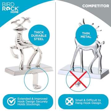 BIRDROCK HOME Christmas Stocking Holders for Mantle - Weighted Metal Hanger for Stockings & Holiday Decor - Metal Hook for Fireplace, Staircase & Shelf - Non-Scratch Base - Reindeer & Santa Claus
