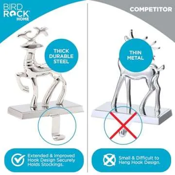 BIRDROCK HOME Christmas Stocking Holders for Mantle - Weighted Metal Hanger for Stockings & Holiday Decor - Metal Hook for Fireplace, Staircase & Shelf - Non-Scratch Base - Reindeer & Santa Claus