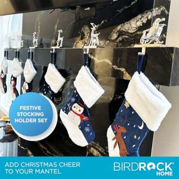 BIRDROCK HOME Christmas Stocking Holders for Mantle - Weighted Metal Hanger for Stockings & Holiday Decor - Metal Hook for Fireplace, Staircase & Shelf - Non-Scratch Base - Reindeer & Santa Claus