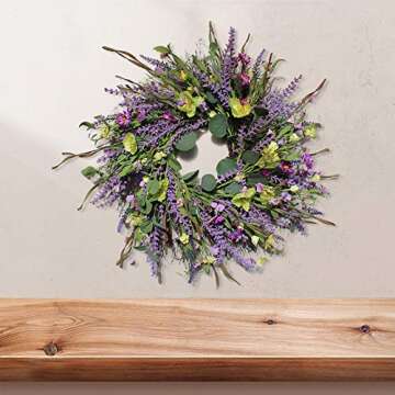 Firlar Artificial Lavender Wreath, 24Inch Front Door Wreath Lavender Flower Wreath with Greenery Eucalyptus Leaves, Spring Summer Wreath for Wedding Outdoor Wall Home Holiday Decor