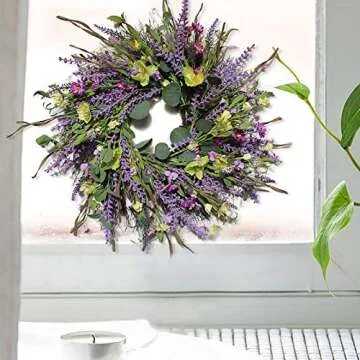 Firlar Artificial Lavender Wreath, 24Inch Front Door Wreath Lavender Flower Wreath with Greenery Eucalyptus Leaves, Spring Summer Wreath for Wedding Outdoor Wall Home Holiday Decor