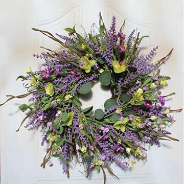 Firlar Artificial Lavender Wreath, 24Inch Front Door Wreath Lavender Flower Wreath with Greenery Eucalyptus Leaves, Spring Summer Wreath for Wedding Outdoor Wall Home Holiday Decor