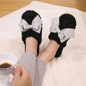 ULTRAIDEAS Women's Fuzzy Slippers with Bow and Memory Foam, Ladies Cute Slip-on House Slippers for Indoor Use