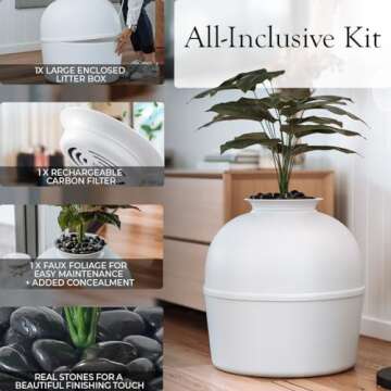 Secret Litter Box by Bundle & Bliss - Hidden Litter Box Enclosure, Patented Design with Odor Control, Includes Faux Plant, Carbon Filter and Real Stones Vivid White