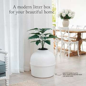 Secret Litter Box by Bundle & Bliss - Hidden Litter Box Enclosure, Patented Design with Odor Control, Includes Faux Plant, Carbon Filter and Real Stones Vivid White